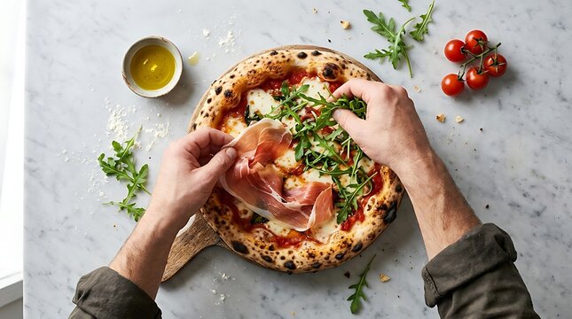 Chef hands placing fresh prosciutto and arugula onto a rustic sourdough pizza base on a white marble countertop with olive oil and cherry tomatoes nearby for an authentic culinary preparation