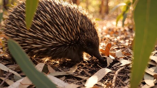 Echidna Foraging for Food Amongst Dried Leaves in a Sunlit Forest