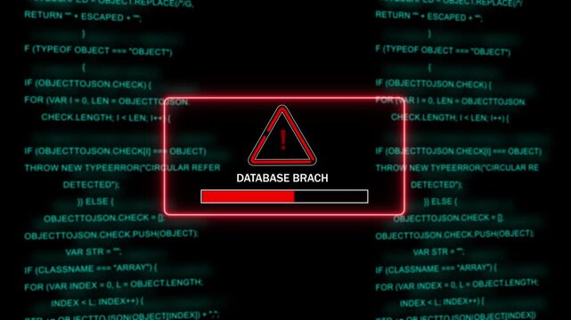 Critical database breach alert system displaying red warning notification and progress loading bar overlaid on scrolling digital source code background, for cybersecurity and, data protection concepts