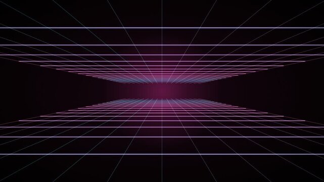 Retro futuristic neon grid tunnel perspective with pink and blue glowing lines on black background