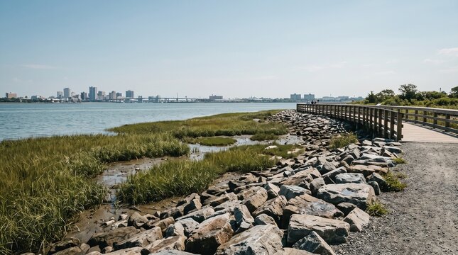 Restored urban coastal living shoreline with natural stone riprap, native cordgrass, tidal salt marsh, gravel walking path, and elevated wooden boardwalk against city skyline under clear blue sky