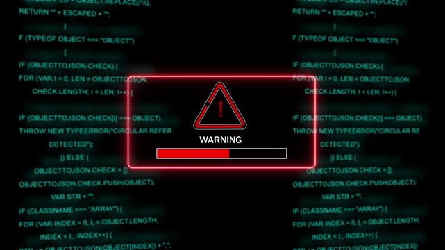Cybersecurity warning alert with red progress loading bar overlaid on scrolling digital computer programming code background, for advanced technology, software development, and, data protection 