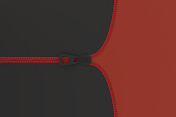 3D rendering of a red zipper unzipping a dark black surface to reveal a red background, symbolizing the opening of Black Friday deals and discounts. Perfect for shopping promotion banners, web headers © Muhammad