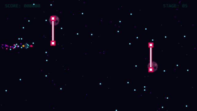 Pixel art space shooter game with obstacles and score display