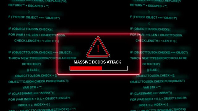 Cybersecurity warning alert featuring a massive ddos attack notification with red warning and progress bar overlaying scrolling digital source code background, for network security, and hacking 