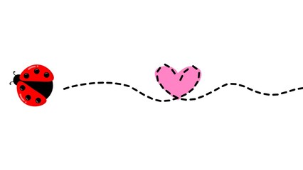 Cartoon ladybug flying with a dashed heart-shaped trail. Flying ladybug with a looping heart trail in the air. Flying beetle with heart shape dotted line for valentine decoration © Stock Arza