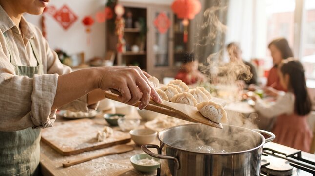Woman cooking dumplings in a warm kitchen with family around for Lunar New Year
