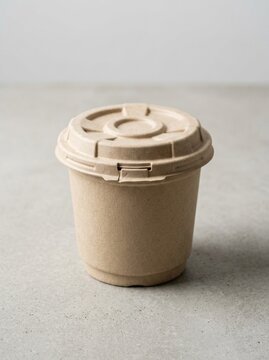 Eco-friendly disposable coffee cup with lid made from recycled paper pulp, sustainable biodegradable packaging for takeaway hot drinks, minimalist studio shot on textured grey background, zero waste