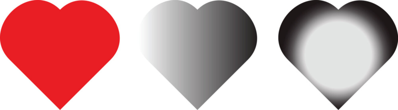 Set of three heart shape icons in red grey and black gradient for love concepts