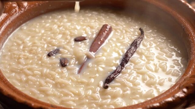 Stirring Arroz Con Leche with Cinnamon and Vanilla Bean in a Clay Bowl