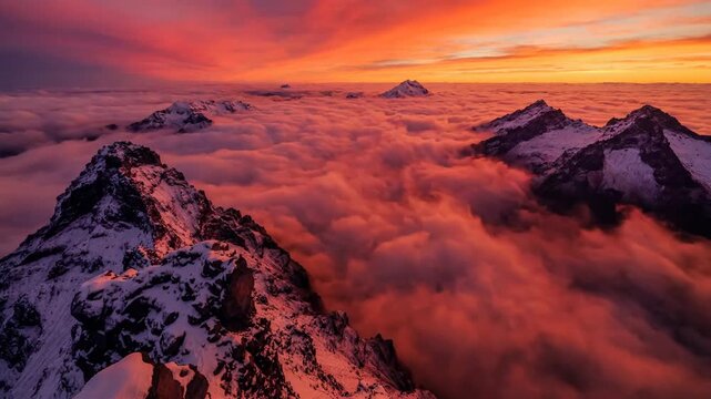 Sea of clouds inversion flowing below peaks at dawn