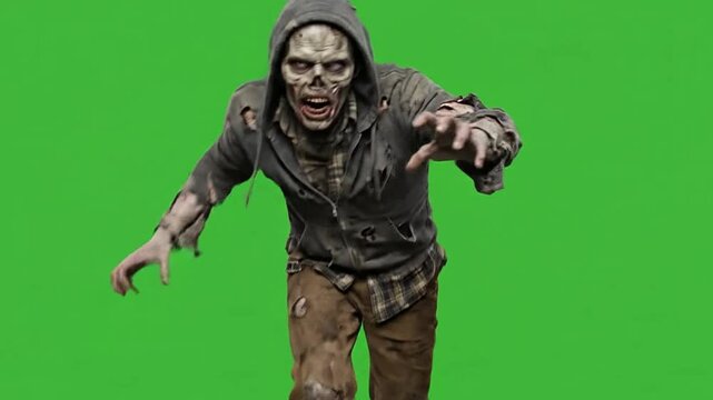 Halloween zombie man walking and attacking on green screen