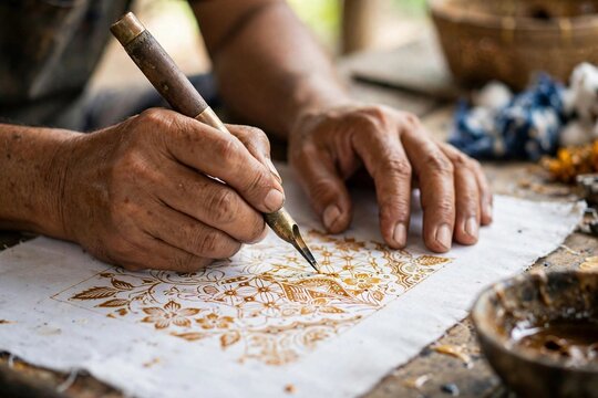 Indonesian artisan hands drawing batik wax pattern with canting tool close-up