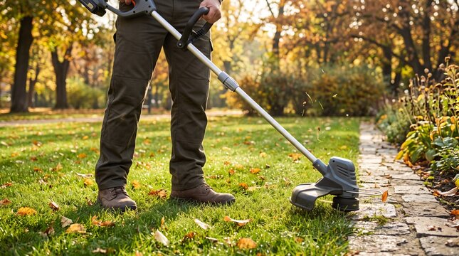 Close-up of a gardener using a string trimmer to cut green grass along a stone path in a sunny autumn park with fallen yellow leaves.

