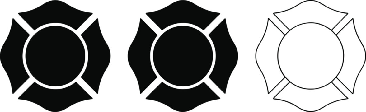  Firefighter Maltese Cross Badge Icon Solid Black Silhouette Vector, Fire Department Emblem Symbol with Circle Center, Rescue Service Logo Shape Isolated on White Background