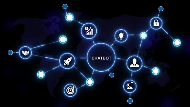 Advanced chatbot artificial intelligence network infographic featuring connected digital global business communication strategy, automated customer support solutions, and modern data connectivity