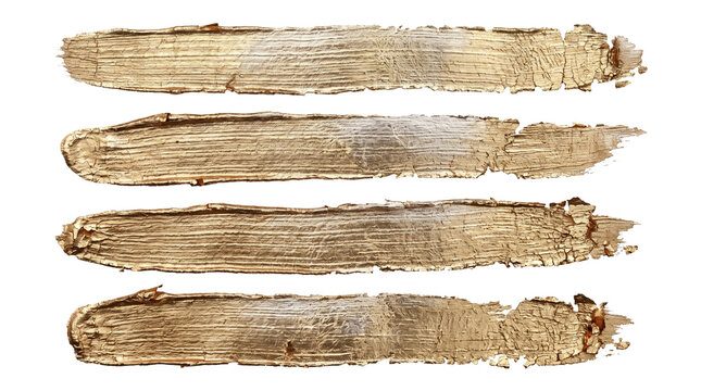 Set of metallic gold grunge brush strokes and luxury foil paint texture on transparent background vector png