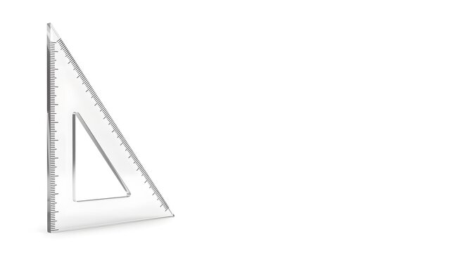 Triangle Ruler Isolated on White Background, a Clear Plastic Measuring Tool for Geometry and Drafting Purposes.