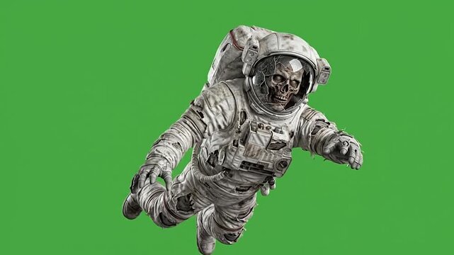 Scary halloween zombie astronaut floating on green screen background