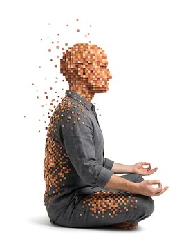 Meditating person composed of colorful mosaic cubes dissolving into particles