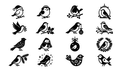 Fototapeta premium Cute Christmas Bird Black Vector Icon Collection