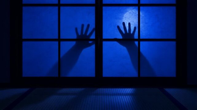 Two hand silhouettes moving behind moonlit blue shoji panels in a dark tatami room