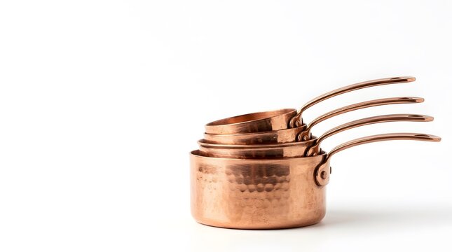 Copper Measuring Cups Stacked Neatly, Showcasing Their Warm Metallic Tones and Classic Kitchen Design. Culinary Tools for Baking and Cooking.