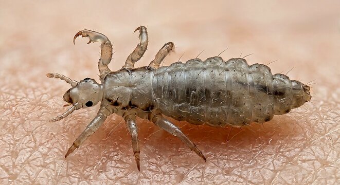 Macro view of human head louse Pediculus humanus capitis on human skin 