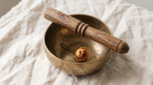 Brass singing bowl with wooden mallet and dried flower on linen
