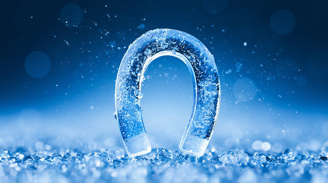 A close-up of a horseshoe magnet surrounded by water droplets with a blue bokeh background.