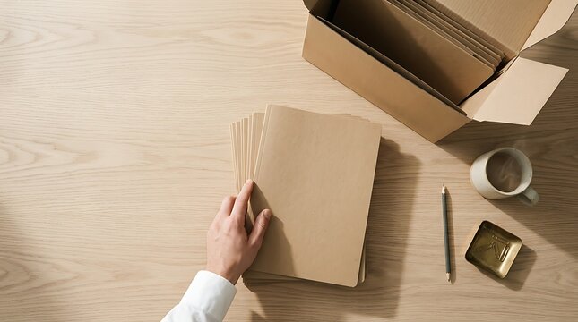 Person hand organizing stack of craft paper folders into shipping cardboard box on clean wooden desk surface for office supplies management and business logistical organization and paperwork storage