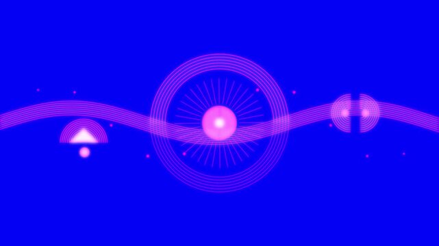 Abstract digital background with glowing pink neon circles and wavy lines on a vibrant blue backdrop