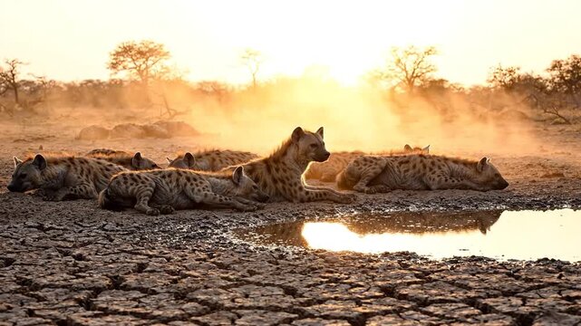 Hyena Clan Resting by a Mudhole During a Golden African Sunset