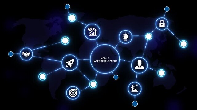 Digital mobile apps development infographic concept featuring glowing network nodes, global connectivity business growth strategy, startup innovation, and data integration on a dark map background
