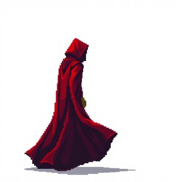 Pixel art of a mysterious figure in a red hooded cloak