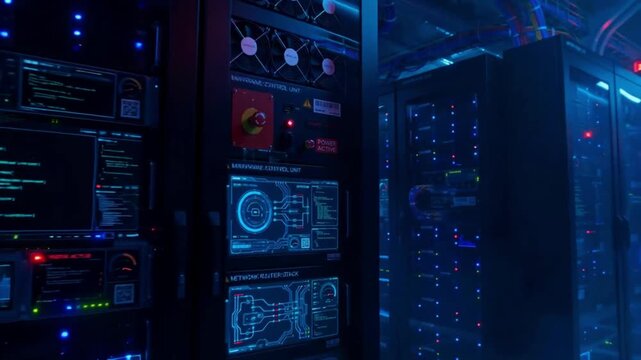 Modern server room with blinking lights and data center racks for