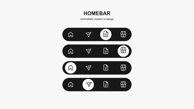 Minimalist UI navigation bar animation featuring home, message, document, and store icons in a clean modern dark mode style for mobile application interface design and web development.