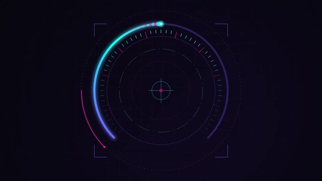Cyberpunk HUD circular arc gauge filling clockwise with neon gradient stroke, glowing ticks and trailing dot on dark purple background, loading overlay