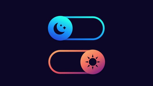 Modern animation of day and night mode toggle switches featuring sun and moon icons with vibrant gradients on a dark background, ideal for user interface and light or dark theme concepts.