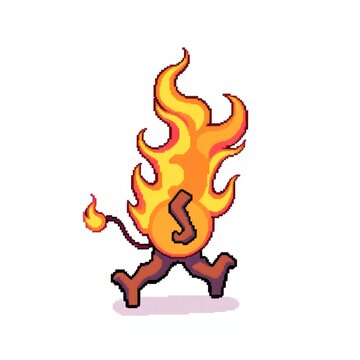 Running pixel art flame character with legs and tail