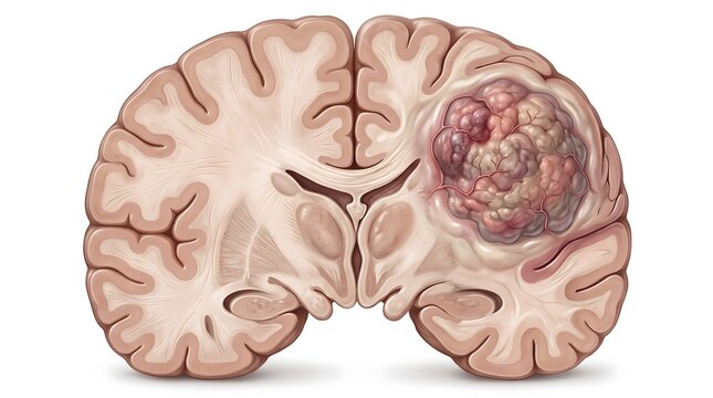 Human Brain Coronal Section Medical Illustration Showing Large Malignant Tumor Mass in Right Cerebral Hemisphere with Necrotic Core Vascularity and Surrounding Edema Brain Cancer Pathology