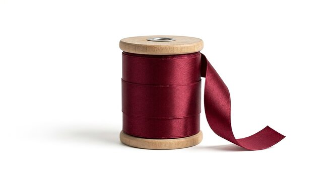 Burgundy satin ribbon wrapped around wooden spool isolated on white