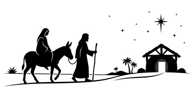 Silhouette of Mary riding a donkey led by Joseph towards a stable under the Star of Bethlehem in a minimalist black and white horizontal banner composition for Christmas.
