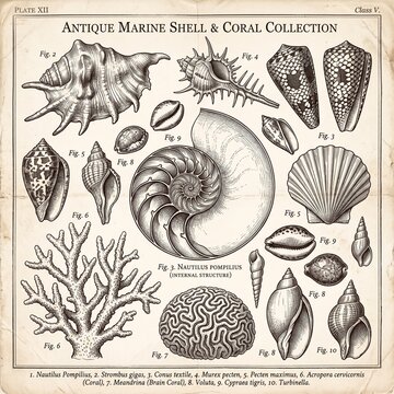 Vintage collection of marine shells and coral illustrations