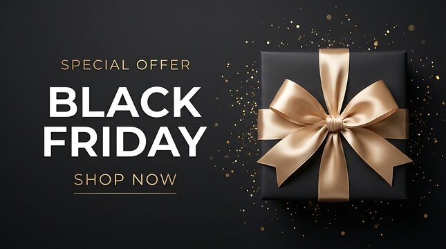 Black Friday sale banner with luxury black gift box and golden ribbon on dark background for special shopping offer