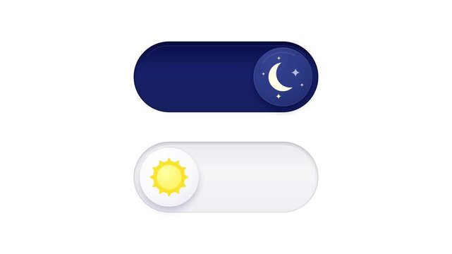 Dark mode and light mode toggle switch animation for user interface design, featuring sun and moon icons on white background, 4K vector motion graphics for mobile and web application development.