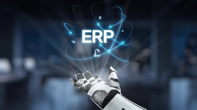 A robotic hand reaches out to display various ERP icons, illustrating the fusion of technology and business in a sleek modern office atmosphere, emphasizing innovation and efficiency. Synapse