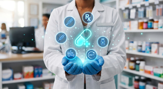 Pharmacist Holding Glowing Pill Hologram with Online Pharmacy Delivery Prescription and Healthcare Service Icons   