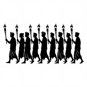 Group of people in traditional attire carrying torches in procession