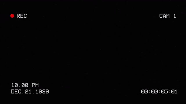 4K retro camcorder recording overlay featuring REC, CAM 1, a vintage date stamp, digital timecode and subtle VHS tracking noise on black.
